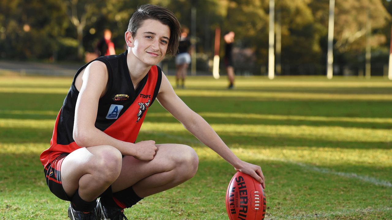 Cooper Murley pictured as a 13-year-old playing for Tea Tree Gully Football Club in South Australia. Picture: Roger Wyman