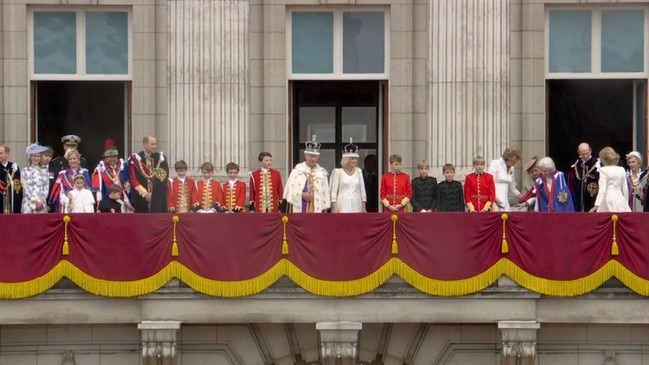 The “slimmed down” royal family on the balcony at Buckingham Palace. Picture: Sky News