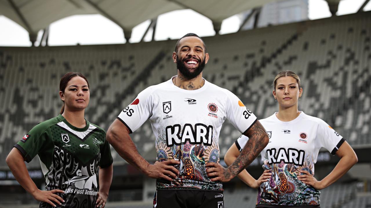 DAILY TELEGRAPH NOVEMBER 30.2021 NRL and NRLW stars (LR) Kennedy Cherrington, Josh Addo-Carr and Shaylee Bent at Bankwest stadium at the announcement of the NRL all star clash there on the 12th of February 2022. Picture: Adam Yip