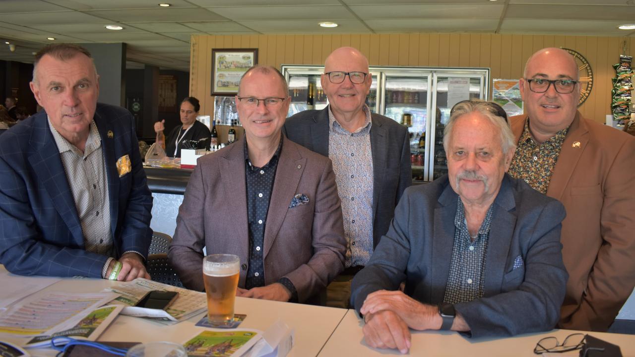 Mark Bunt, Brett Burke, David Peel, Mark Osborn and Warwick Anderson at the 2023 Rockhampton Girls Grammar 21st Race Day.