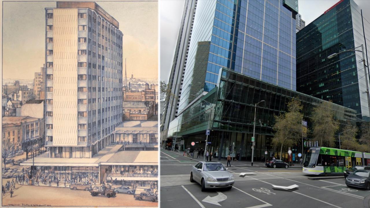 The old Eastern Market site was used as a hotel, left, and how the site looks now. Pictures: State Library of Victoria, Google