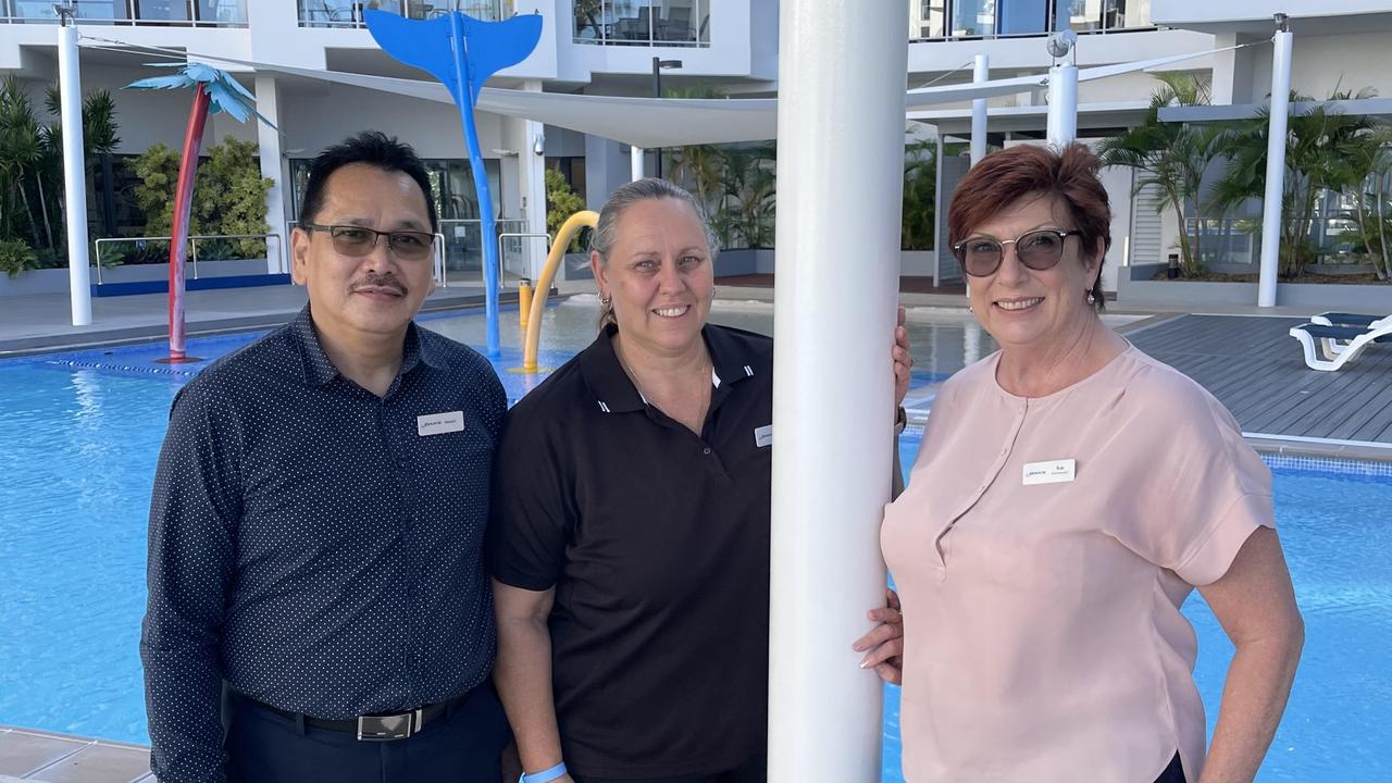 Long term staff members Manuel Cayabyab and Julie Wynn with Oaks Resort manager Sue McLennan.