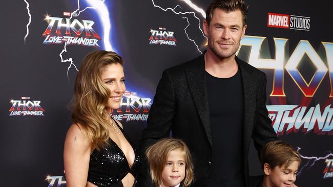 Chris Hemsworth and Elsa Pataky with their children on the red carpet of the Australian special event screening of Thor: Love and Thunder. Picture: Jonathan Ng