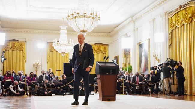 Biden departs after a press conference on the eve of his first year in office. Picture: Mandel Ngan/AFP