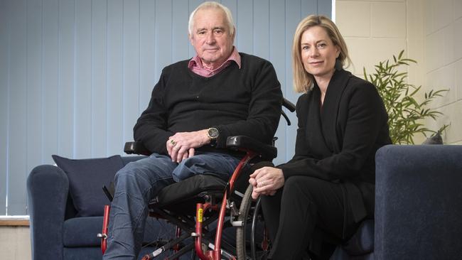 Doug Bishton whose prosthetic leg was lost by the Health Department 2 years ago with Tasmanian Labor leader Rebecca White. Picture: Chris Kidd