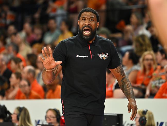 Illawarra head coach Justin Tatum was unimpressed with the referees in the Hawks’ defeat to Melbourne United. Picture: Getty Images