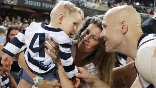 Jordan and Gary Ablett with their son Levi, who has a rare genetic disease. Picture: Supplied