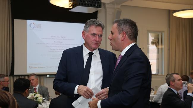 NAB chief Ross McEwan chats with federal Treasurer Jim Chalmers during the Trans Tasman Business Circle. Picture: Britta Campion