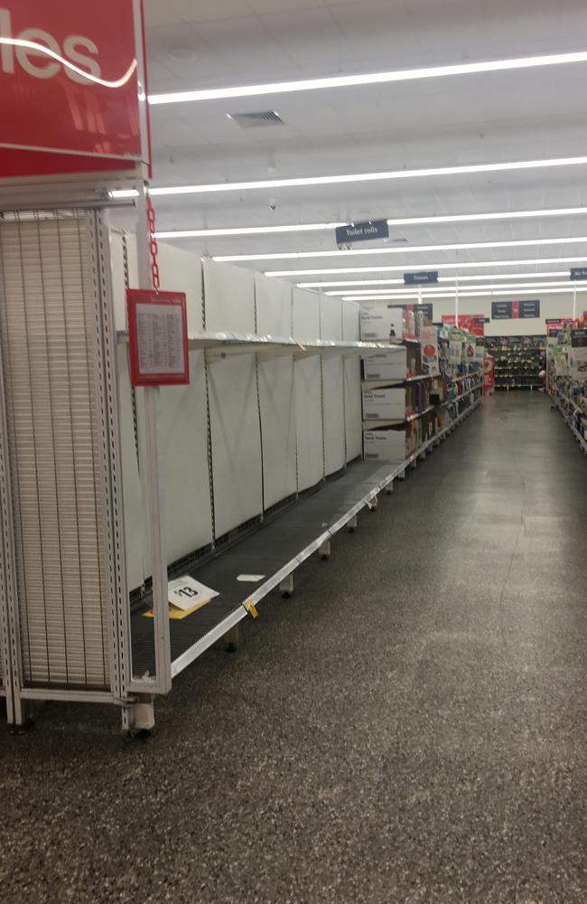 Empty toilet paper aisles at New Farm Coles this morning. Picture: Supplied.