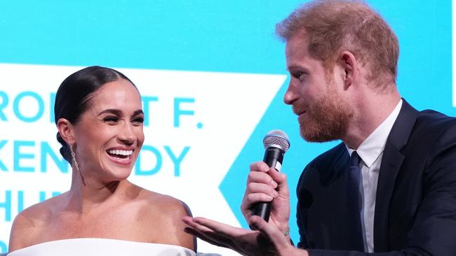 NEW YORK, NEW YORK - DECEMBER 06: Meghan, Duchess of Sussex and Prince Harry, Duke of Sussex speak onstage at the 2022 Robert F. Kennedy Human Rights Ripple of Hope Gala at New York Hilton on December 06, 2022 in New York City. (Photo by Kevin Mazur/Getty Images forÃÂ 2022 Robert F. Kennedy Human Rights Ripple of Hope Gala)