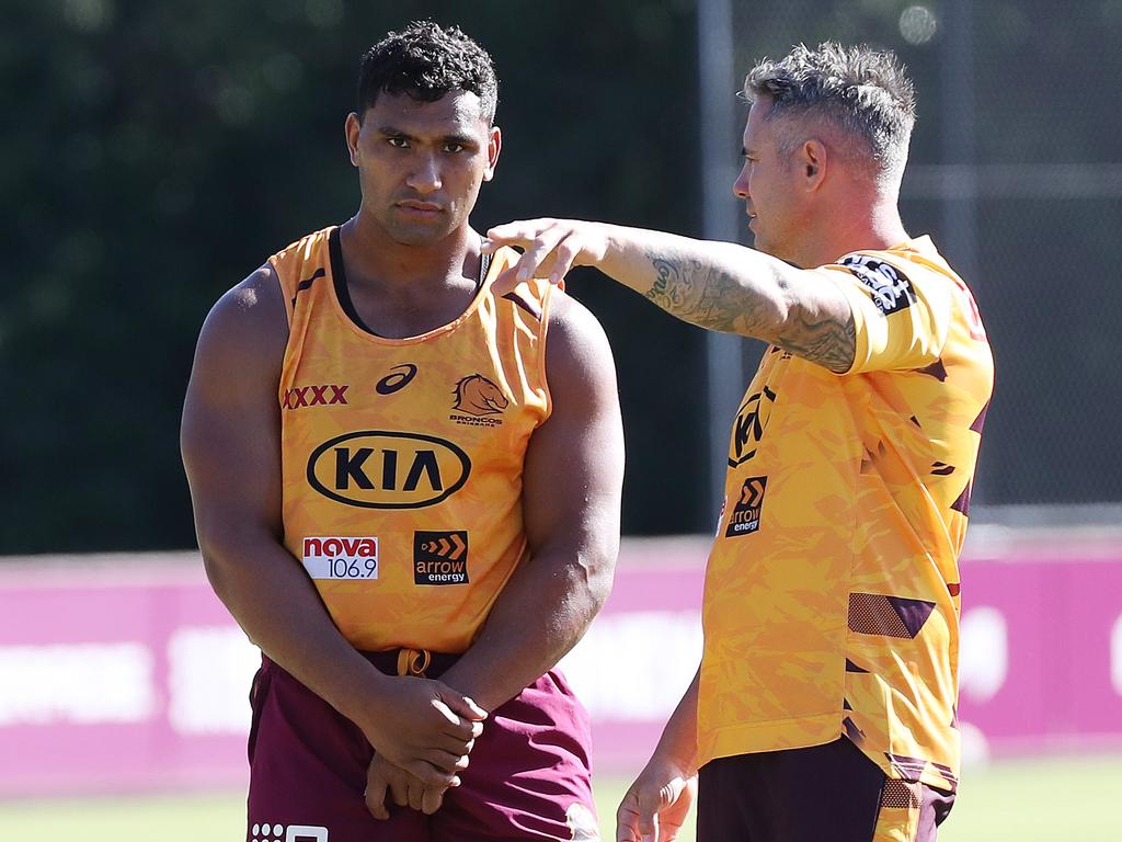 Corey Parker (R) took Tevita Pangai Jr Junior under his wing. Picture: Liam Kidston