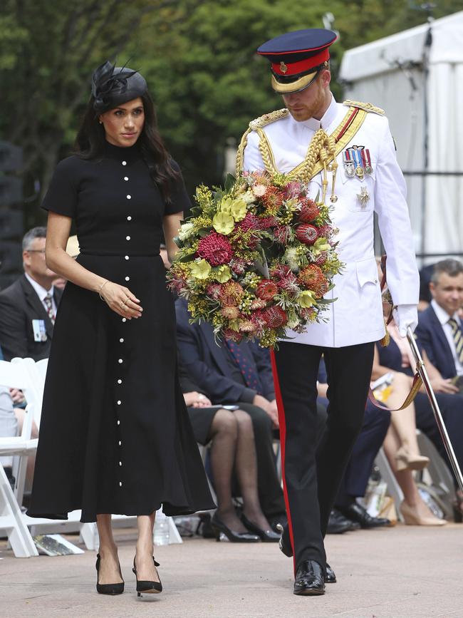 Prince Harry and his wife Meghan attend the opening of Anzac Memorial at Hyde Park. Picture: AP