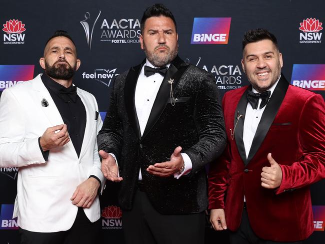 Andrew Manfe, Joe Salanitri and Carlo Salanitri at the 2022 AACTA Awards in Sydney. Picture: Brendon Thorne