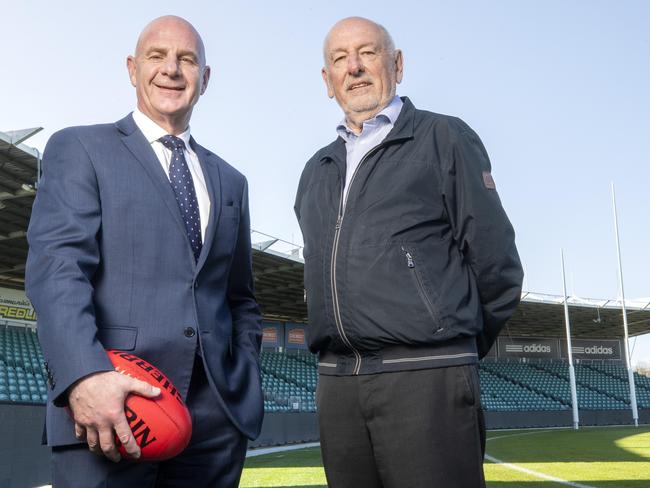 Former Tasmanian premier Peter Gutwein and former Geelong President Colin Carter at UTAS Stadium, Launceston, in 2021. Mr Carter is adamant that a new stadium at Macquarie Point is required for a Tasmanian team to be a success. Picture: Chris Kidd