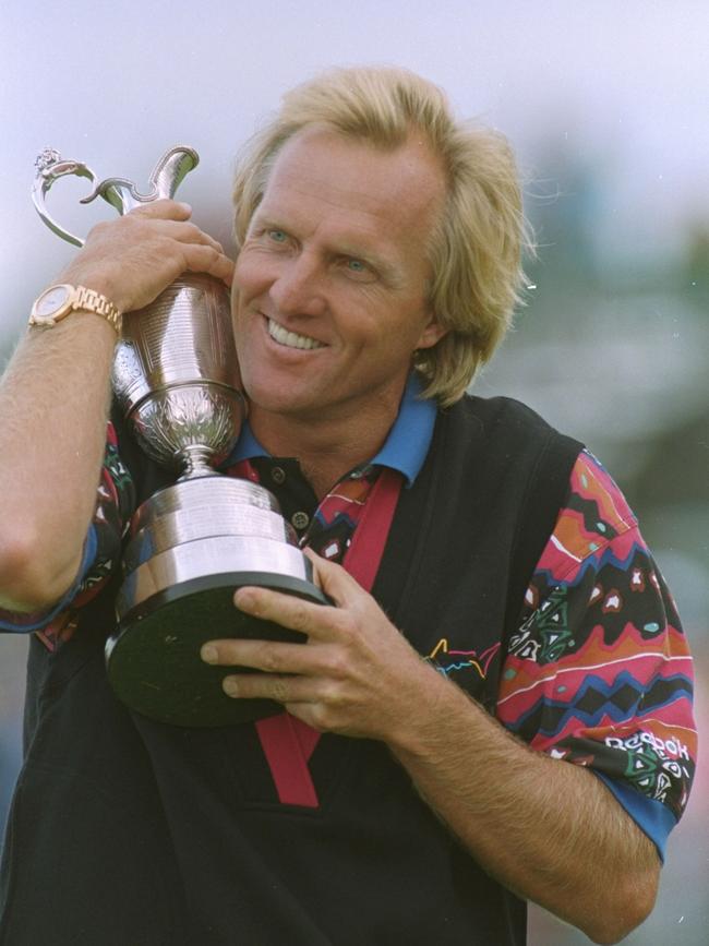 Greg Norman hugs the Claret Jug after winning the 1993 Open Championship at Royal St George’s in Kent.