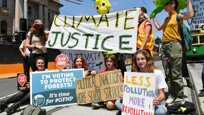 Schoolchildren strike for climate change at the earlier rally on November 30. Picture: Jake Nowakowski