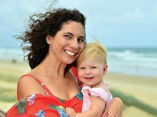 Letea Cavander with her daughter Tallulah Stuart at Coolum Beach. Picture: John McCutcheon