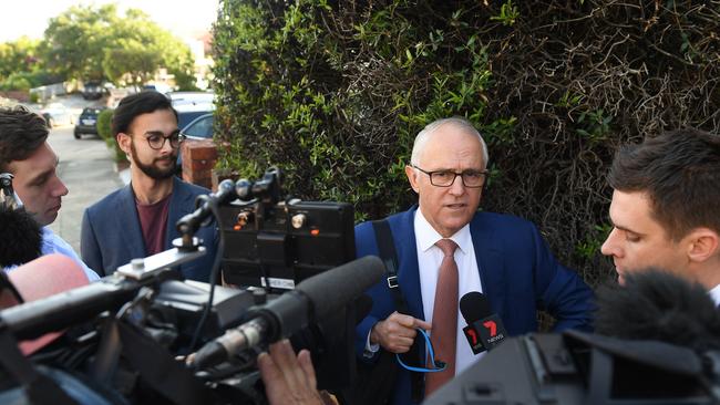 Former prime minister Malcolm Turnbull speaks to the media as he leaves his residence in Point Piper, Sydney today. Picture: Dean Lewins/AAP