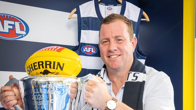 MELBOURNE, SEPTEMBER 20, 2022: Steve Johnson with the 2022 AFL Premiership Cup. Picture: Mark Stewart