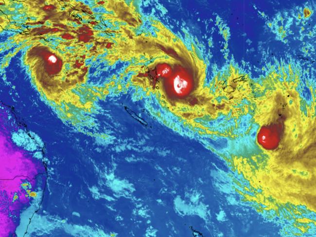 Rare satellite image of three cyclones circling in South Pacific Ocean. Image: Weatherzone