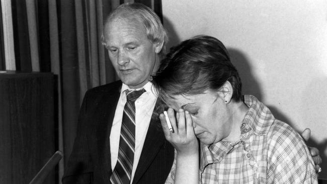 Murder victim Kylie Maybury’s mother Julie in 1984 with her father John Moss. Mr Moss killed himself after wrongly being accused of killing his granddaughter.