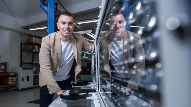 VALO CEO and founder Aaron Hickmann with their latest outdoor sports field lighting panels at his offices and factory at Kent Town. Picture: Mark Brake