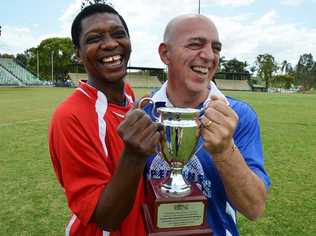 African Allstars captain Adeyemi Johnson and Lismore Councillor Gianpiero Battista will compete in the hotly contested African Allstars vs Lismore Legends annual football friendly on 8 October, pitting African refugees against Lismore City Council workers. Photo Contributed. Picture: Contributed