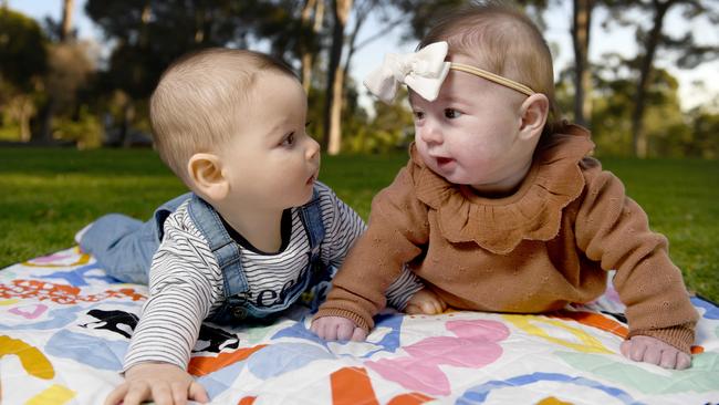 Baby Oliver, 7 months, and Charlotte, 5 months. Picture: NCA NewsWire/Naomi Jellicoe