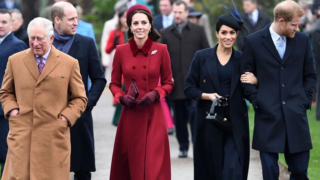 Prince Charles, Prince of Wales, Prince William, Duke of Cambridge, Catherine, Duchess of Cambridge, Meghan, Duchess of Sussex and Prince Harry, Duke of Sussex arrive for the royal family's traditional Christmas Day service at St Mary Magdalene Church in Sandringham.