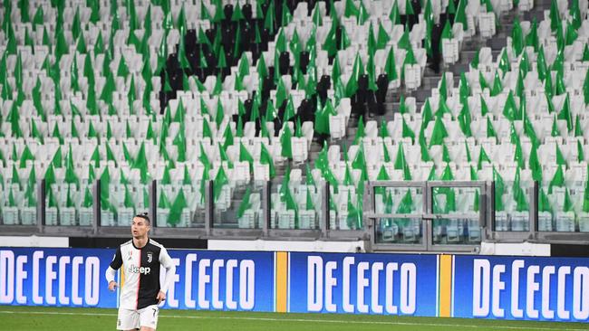 Juventus star Cristiano Ronaldo plays in an empty stadium in Italy.