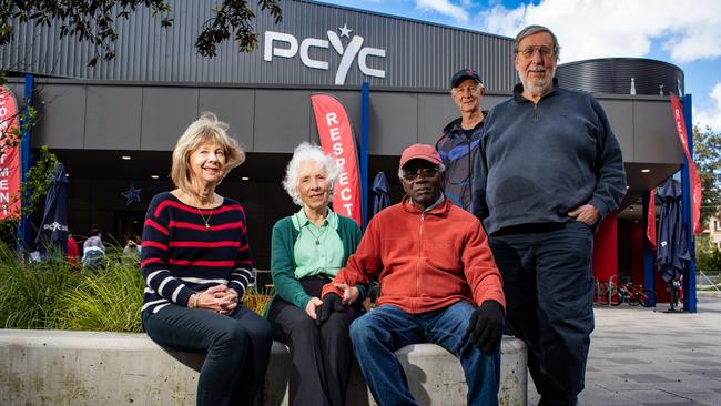 Program co-ordinator Fiona Jenkins, carer Margaret Lemoh, Nuli Lemoh who is living with dementia, Hornsby Kuringai PCYC president Peter Kirkwood, and volunteer John Cronly. Picture: Julian Andrews