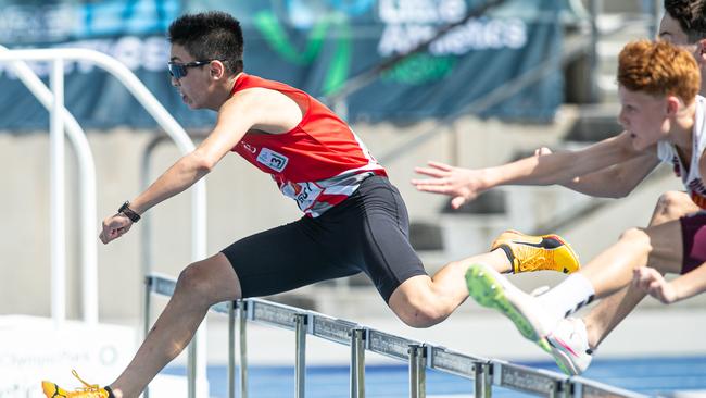 Great action in the U13 80m hurdles final with Andrew Kim from Cherrybrook.