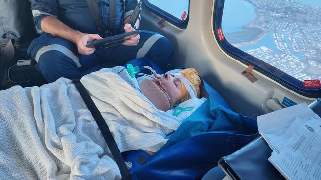 Hamish being flown to Queensland Children’s Hospital. Picture: Contributed