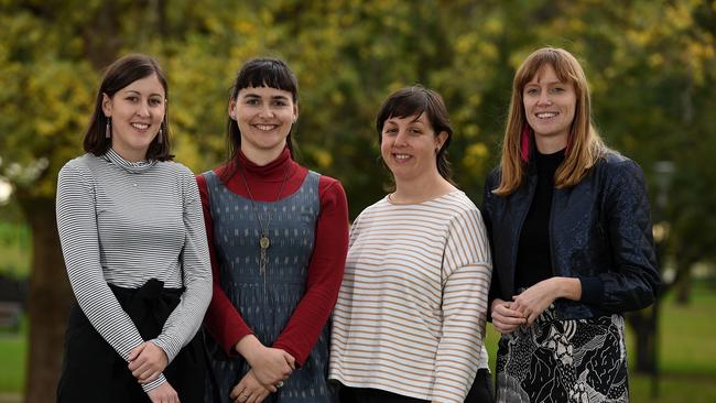 Maddy Crehan, Casimira Melican, Maria Chetcuti, Ally Oliver-Perham joined the call for paid leave for women. Picture: David Smith