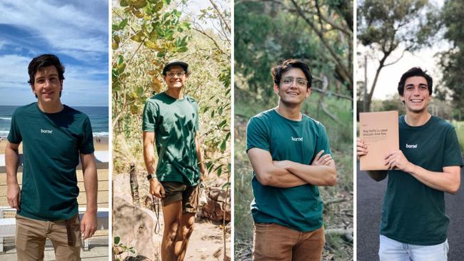 University of Newcastle students and founders of Borne Clothing Bal Dhita (Middle right), Tim Keys (right), Dan Robson (middle left) and Pat Prell (left). Credit: Borne Clothing