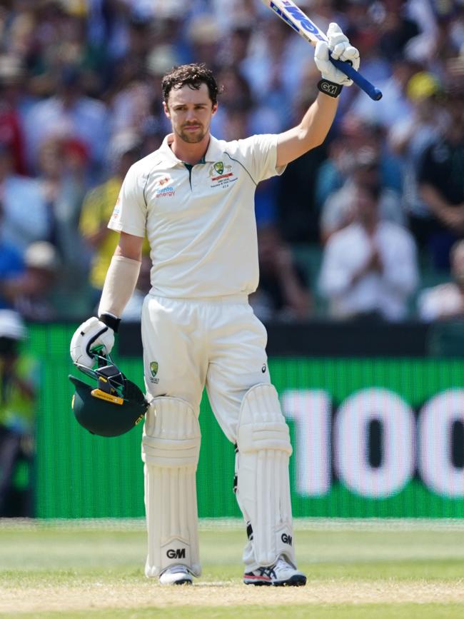 Travis Head celebrates after reaching his century during the Boxing Day Test against New Zealand. Picture: AAP Image/Scott Barbour