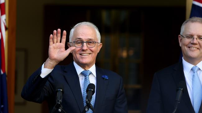 PM Malcolm Turnbull and Treasurer Scott Morrison were all smiles after the vote. Picture: Kym Smith