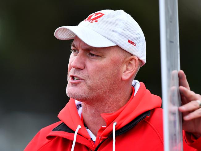 Nick Jewell, Head Coach of East Brighton speaks to his players during the round ten SFNL Bendigo Bank Division 1 Senior Mens match between Springvale Districts and East Brighton at Springvale Reserve, on June 22, 2024, in Melbourne, Australia. (Photo by Josh Chadwick)