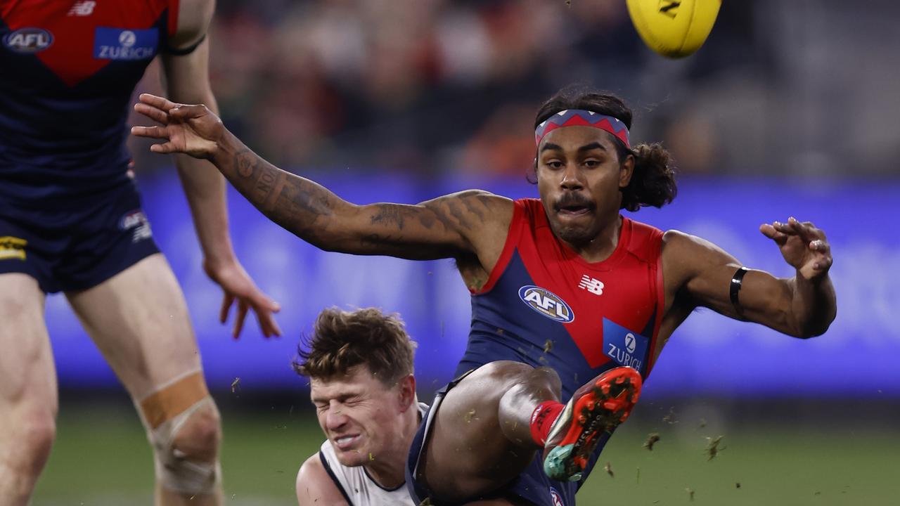 Kysaiah Pickett’s goal in the dying seconds of Saturday night’s match saw Melbourne escape with a five-point win over Carlton. Picture: Getty Images