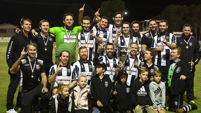 The winning Bingera team last year in the Triple M Division 1 Cup: Shane Youngberry (top left), Brett Kitching, Jason McEwan, Josh Haack, Jon Wheeler, Joel Haack, Cody Breuer, Scott McEwan, Brendan Conquest, Robbie Cull, Laurie Stephenson, Andrew Donnison – coach (bottom left), Josh Metcalf, Shaun Sergiacomi, Josh Watson, Dan Watson (Captain), Cody Pym, Karl Zimmerlie, Kenzie Sergiacomi (front left), Imogen Kitching, Beau Donnison, Levi Donnison, Brayden Jenner, Zayde Kitching. The side will now be the defending champions in 2021