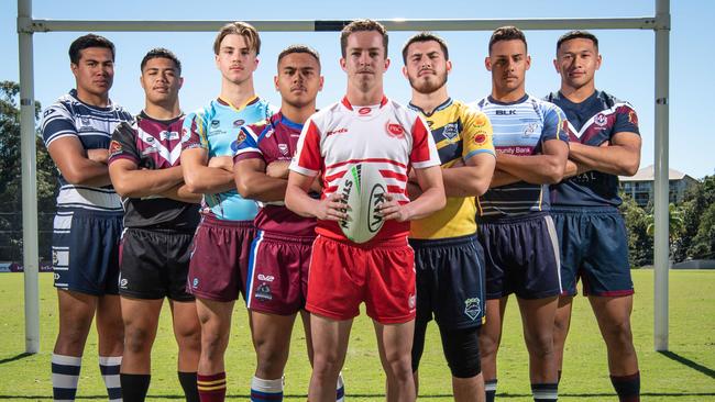 17-05-2021 Launch of the Langer Cup schoolboy competition at the Brisbane Broncos complex in Red Hill. Xavier VaÃa, St MaryÃs college Toowoomba, Chris Faagutu, Marsden SHS, Blake Mozer, Keebra Park SHS, Tyrell Waaka-Rhind, Wavell SHS, Tom Weaver, Palm Beach Currumbin SHS, Mustafa Kaya, Mable Park SHS, Tim Sielaff-Burns, Coombabah SHS and Kulikefu Finefeuiaki, Ipswich SHS. PICTURE: Brad Fleet