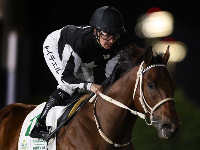 RIYADH, SAUDI ARABIA - FEBRUARY 21: Rachel King riding Miyagi wins the International Jockeys Challenge R4 race during the Saudi Cup 2025 - International Jockeys Challenge at King Abdulaziz Racecourse on February 21, 2025 in Riyadh, Saudi Arabia.  (Photo by Francois Nel/Getty Images)