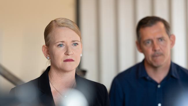 Chief Minister Michael Gunner and Treasurer Nicole Manison speaking address media with four days to go before the 2020 NT election. Picture: Che Chorley