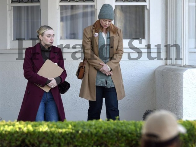 Dakota Fanning and Sarah Snook on set in Elwood. Picture: Andrew Henshaw