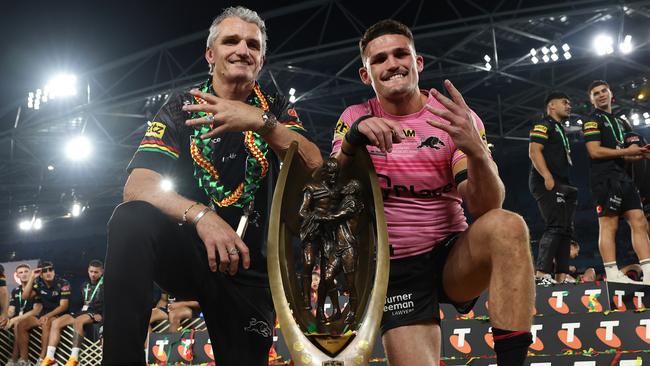 Ivan and Nathan Cleary after winning the Panthers’ fourth straight premiership last year. Picture: Getty