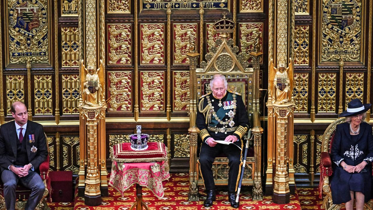 Prince Charles reading the Queen's speech as he sits by the Imperial State Crown, alongside Prince William and Camilla, Duchess of Cornwall. Picture: Ben Stansall/WPA/Getty Images