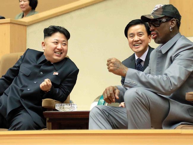 North Korean leader Kim Jong-un (left) talks with former NBA player Dennis Rodman in Pyongyang in 2014. Picture: Korean Central News Agency/Korea News Service via AP