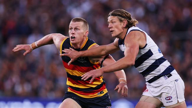 Rhys Stanley is off the ground. (Photo by James Elsby/AFL Photos via Getty Images)