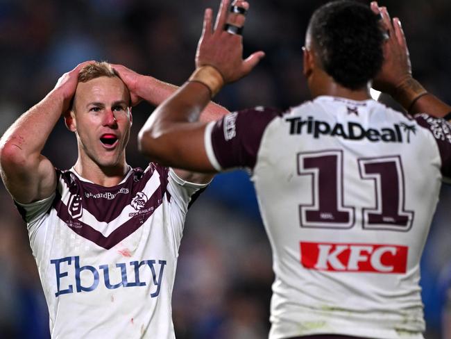 AUCKLAND, NEW ZEALAND - APRIL 13: Daly Cherry-Evans of Manly reacts after being awarded a penalty in extra time during the round six NRL match between New Zealand Warriors and Manly Sea Eagles at Go Media Stadium Mt Smart, on April 13, 2024, in Auckland, New Zealand. (Photo by Hannah Peters/Getty Images)