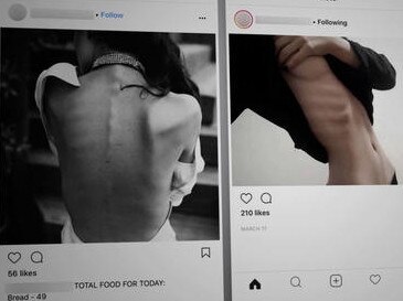 Kathleen and Jeff Spence say Instagram led their daughter Alexis into depression and to an eating disorder at the age of 12. These are examples of the images sent to Alexis through Instagram algorithms. Picture: CBS NEWS